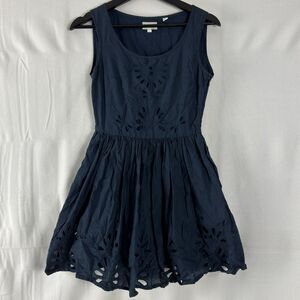 Jack Wills Sz 4 Navy Embroidered Eyelet Fit Flare Skater Mini Dress Lined CutOut